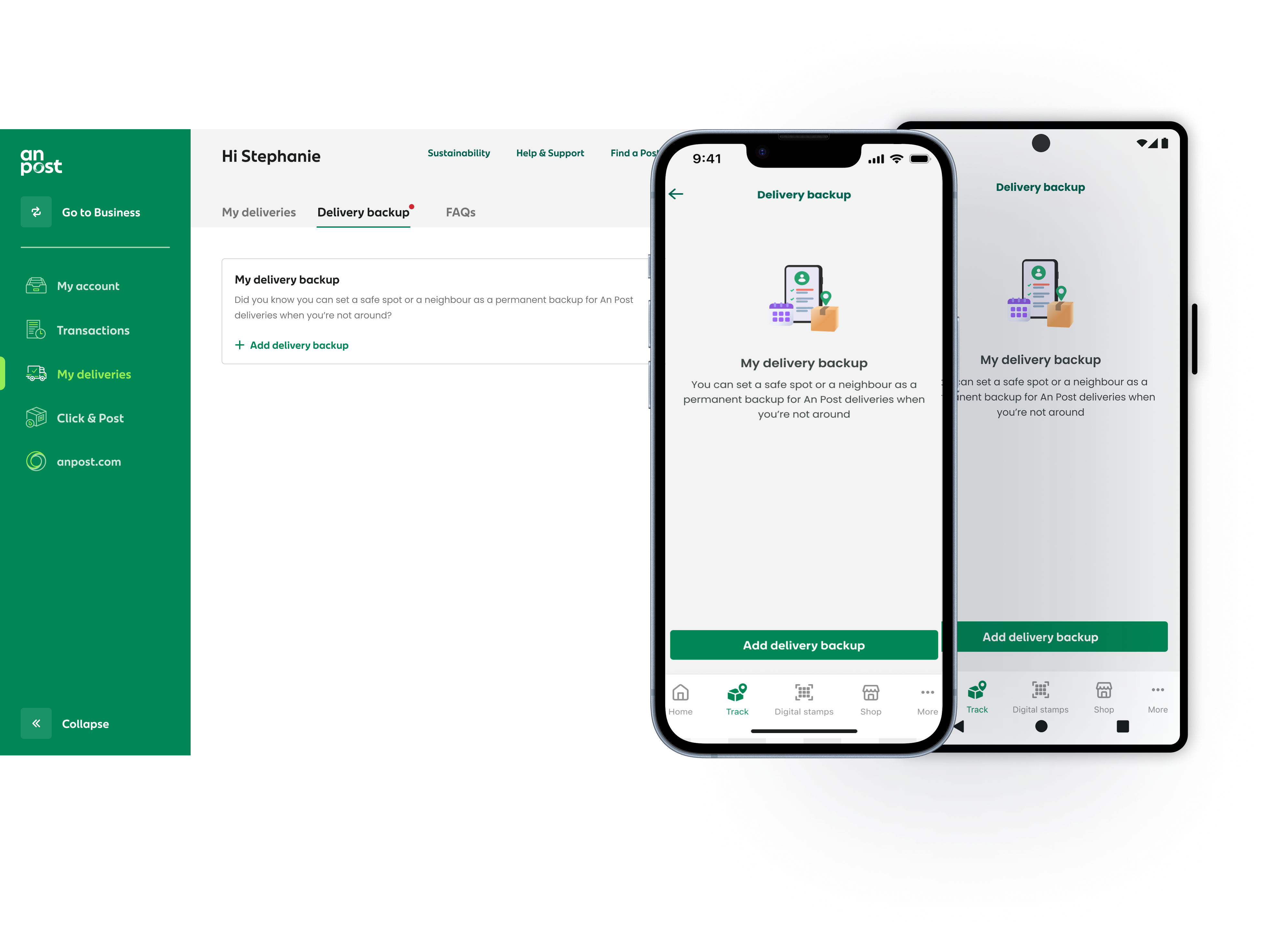 An Post delivery backup feature shown across web, iOS and Android — allows users to set a safe spot or neighbour as a permanent backup for deliveries