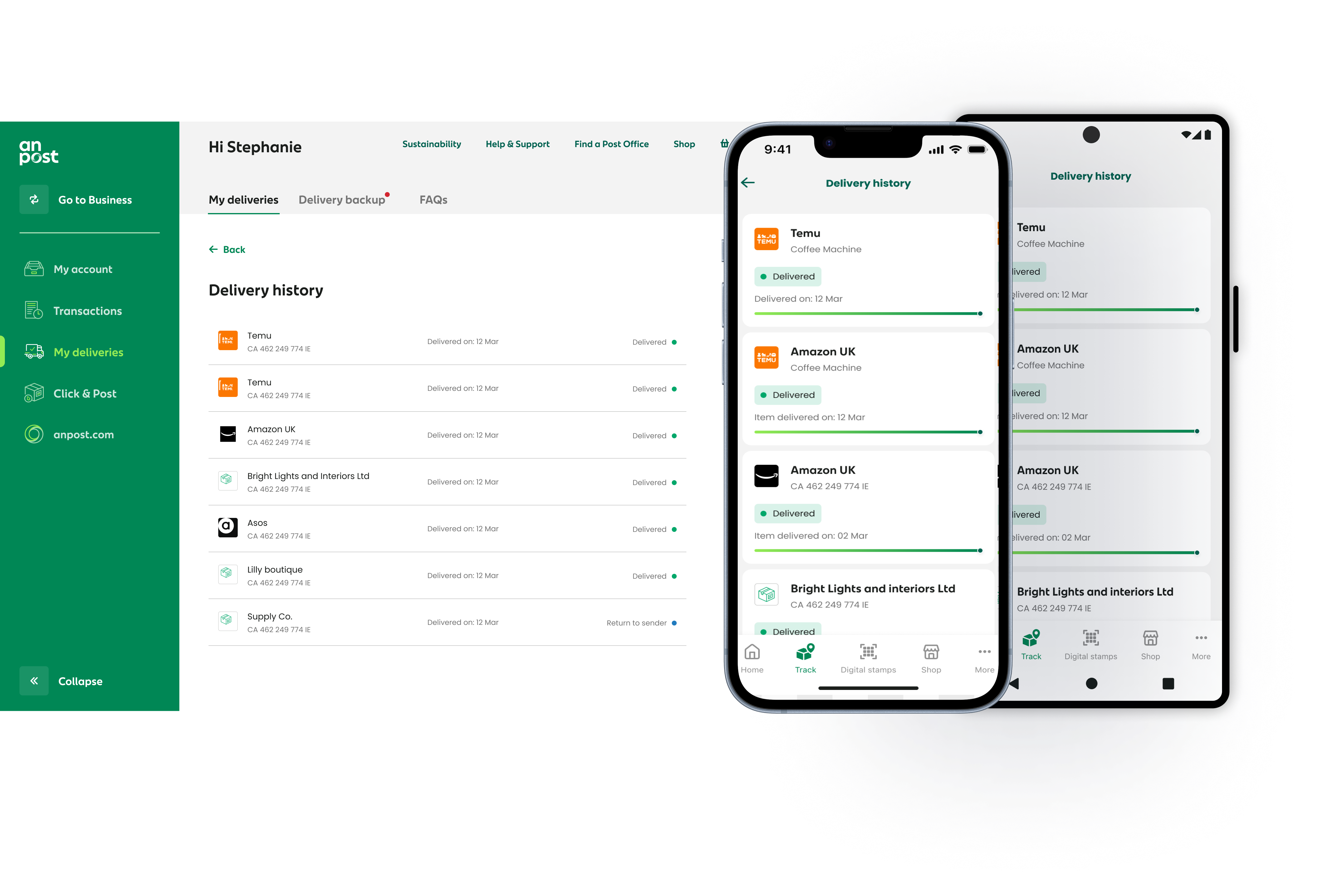An Post delivery history feature shown across web, iOS and Android — a list of past deliveries with status, sender and delivery date
