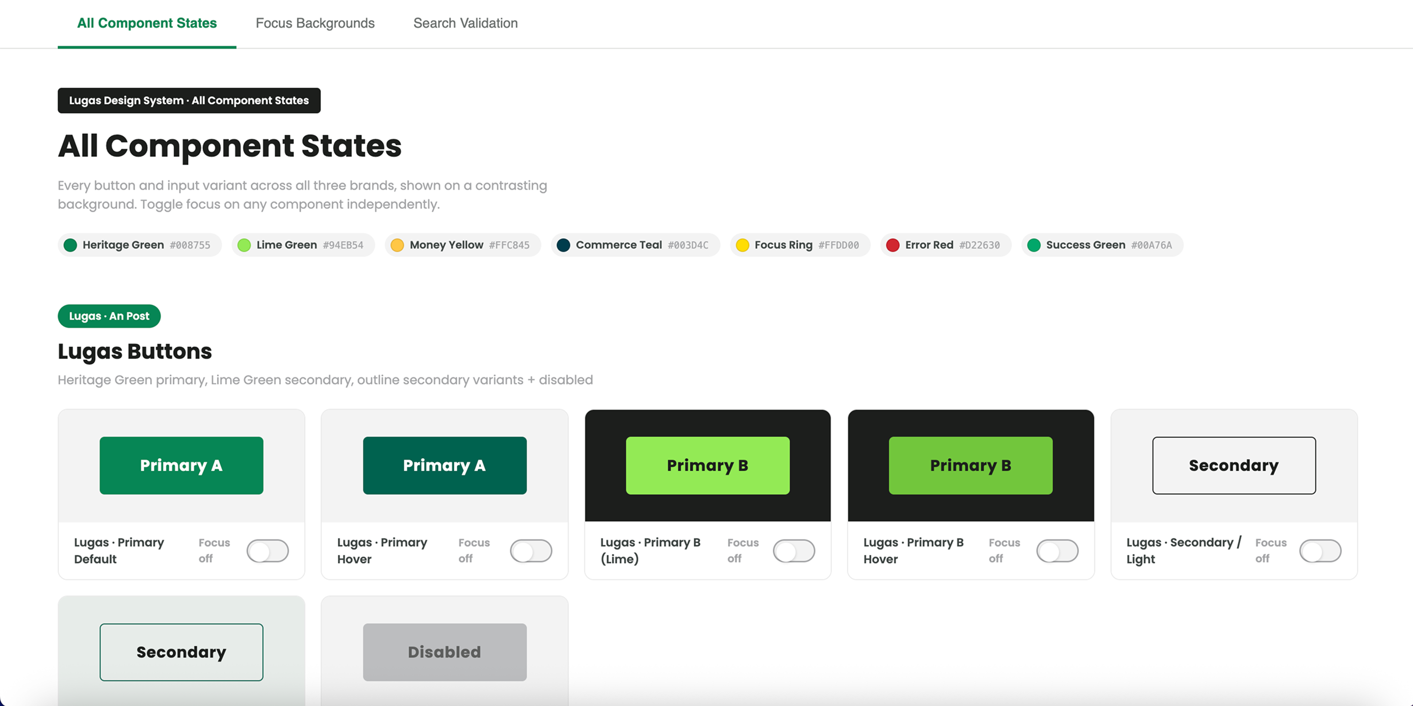 Lugas Design System component explorer showing all button states across An Post brand variants, with toggleable focus rings and brand token swatches