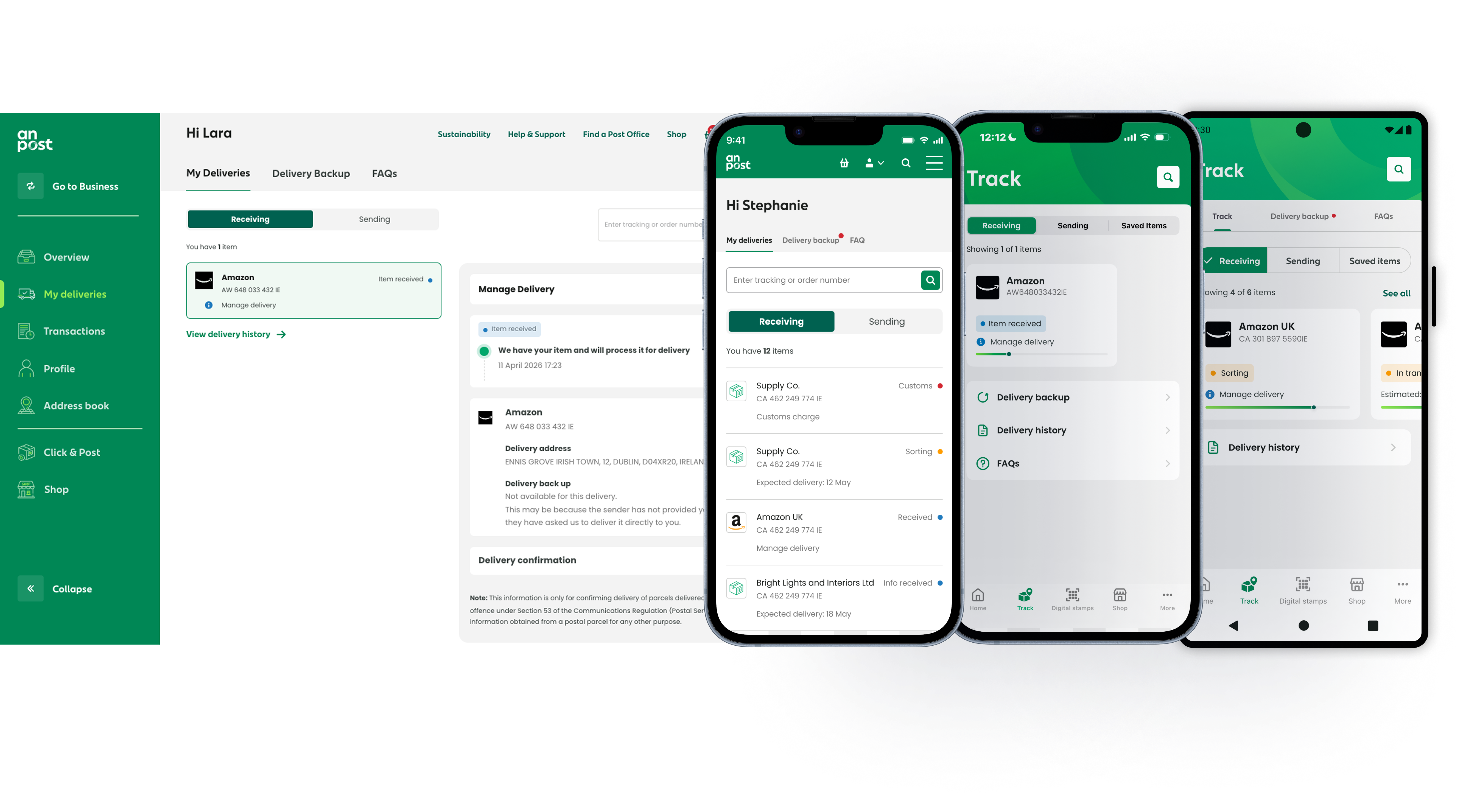 An Post Track and Trace redesigned web experience shown across desktop with sidebar navigation and Manage Delivery panel, and mobile web with delivery list