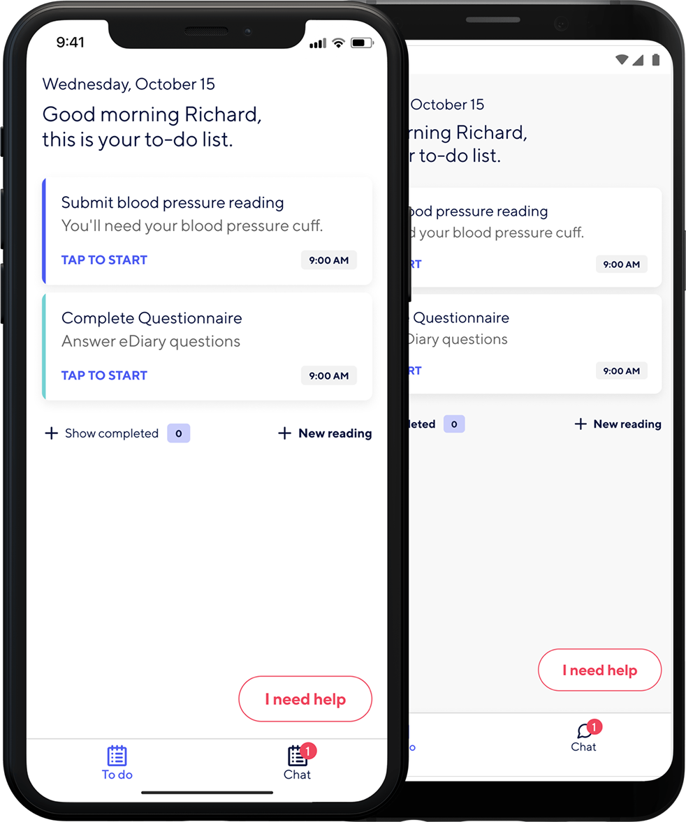 Current Health connected health app shown on iOS and Android — to-do list with medical tasks and I need help support button