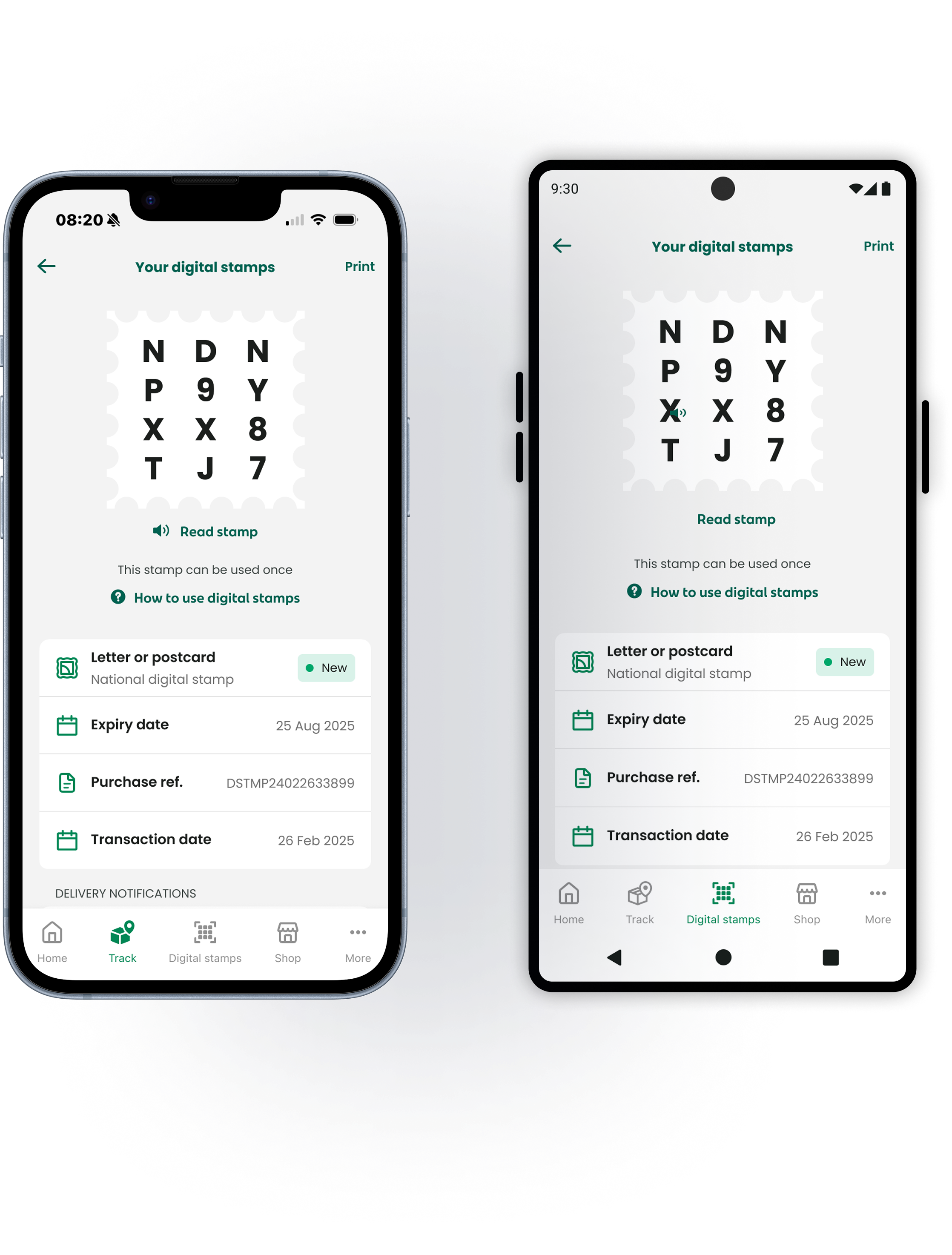 Digital Stamps feature shown side by side on iOS and Android — Your digital stamps screen displaying a stamp code with letter type, expiry date and purchase details