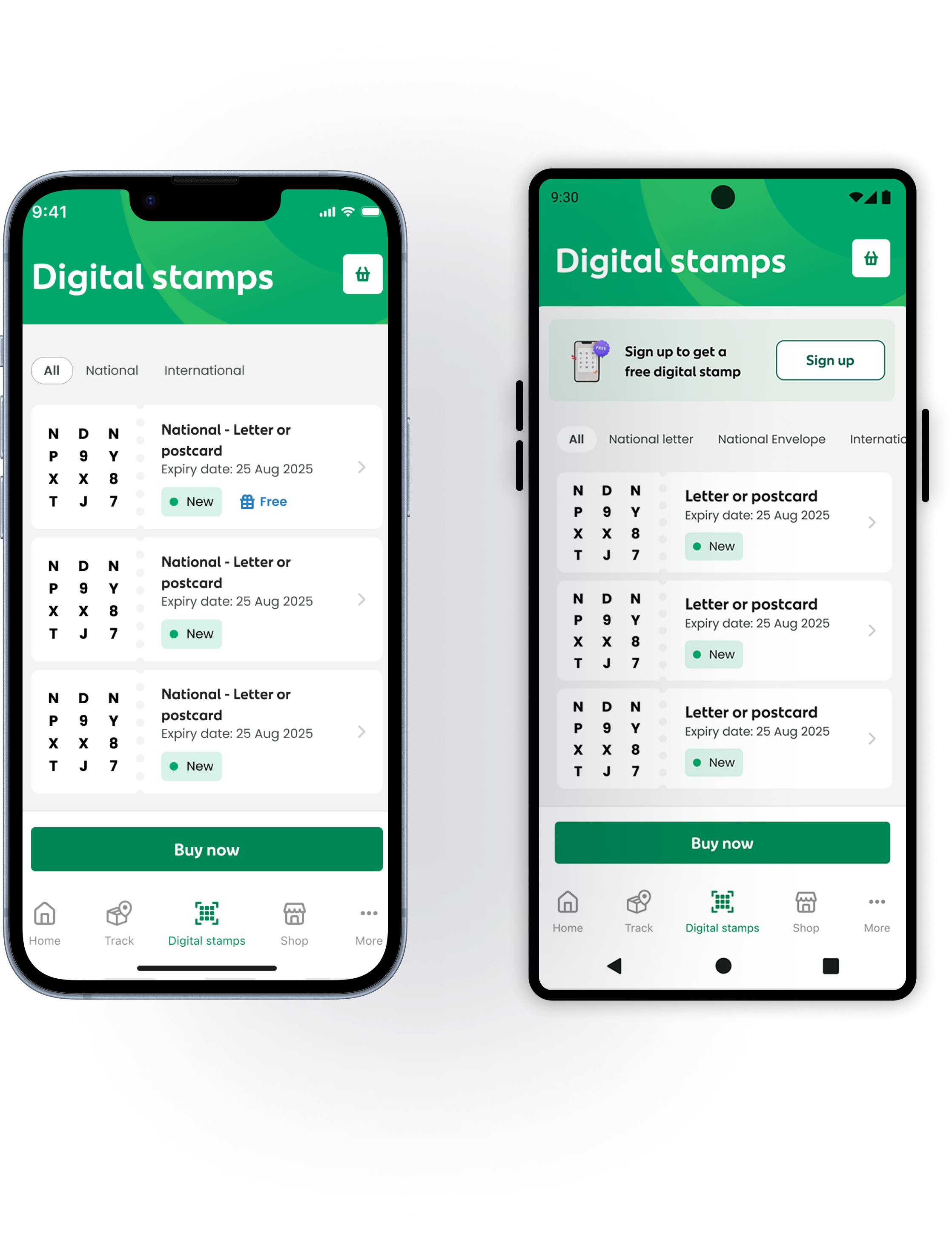 Digital Stamps feature shown side by side on iOS and Android — Your digital stamps screen displaying a stamp code with letter type, expiry date and purchase details