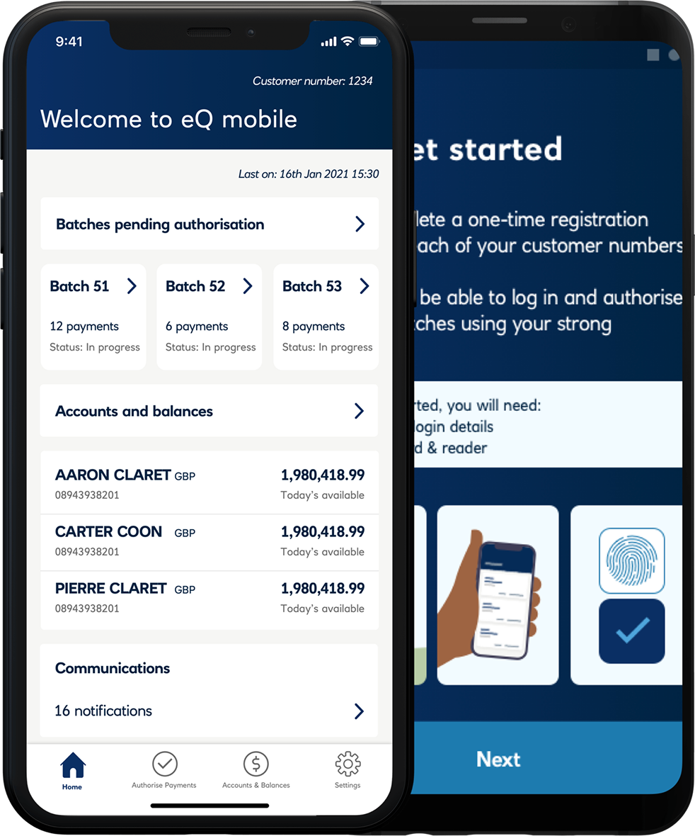 RBS eQ Mobile app showing the home screen with batch authorisation queue and accounts, alongside the onboarding registration flow
